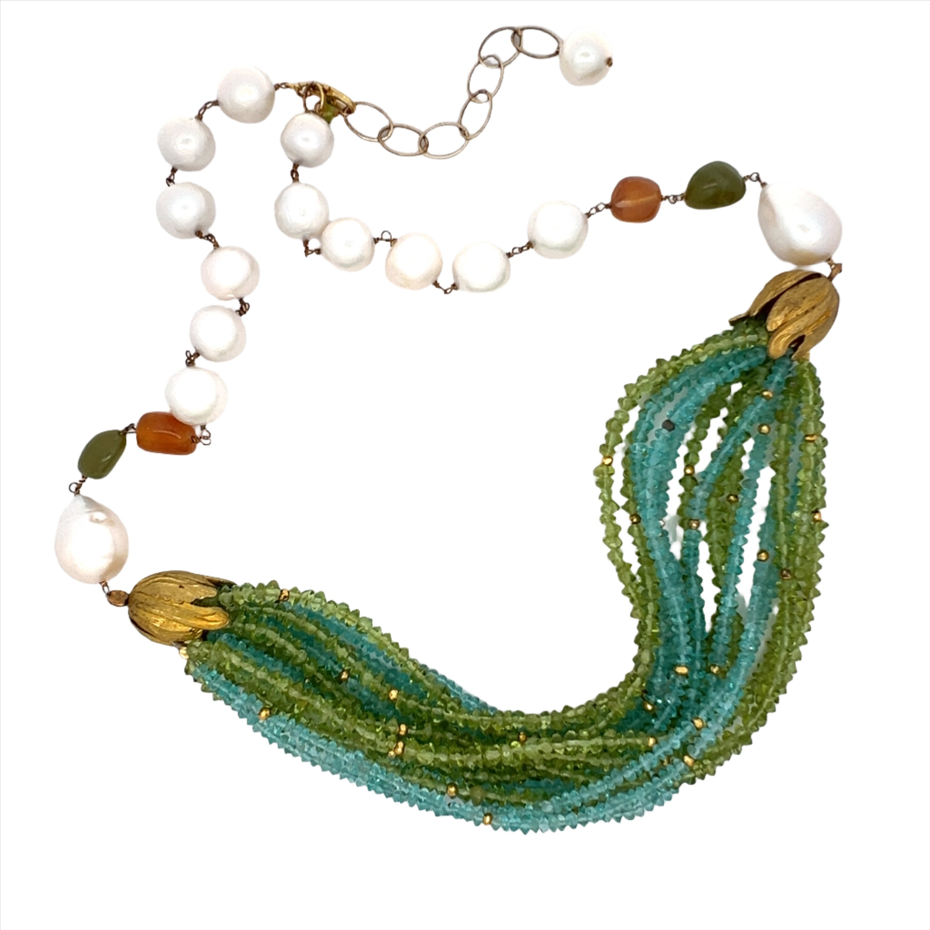 Freshwater Pearl Carnelian Peridot Apatite 15 Strand Necklace