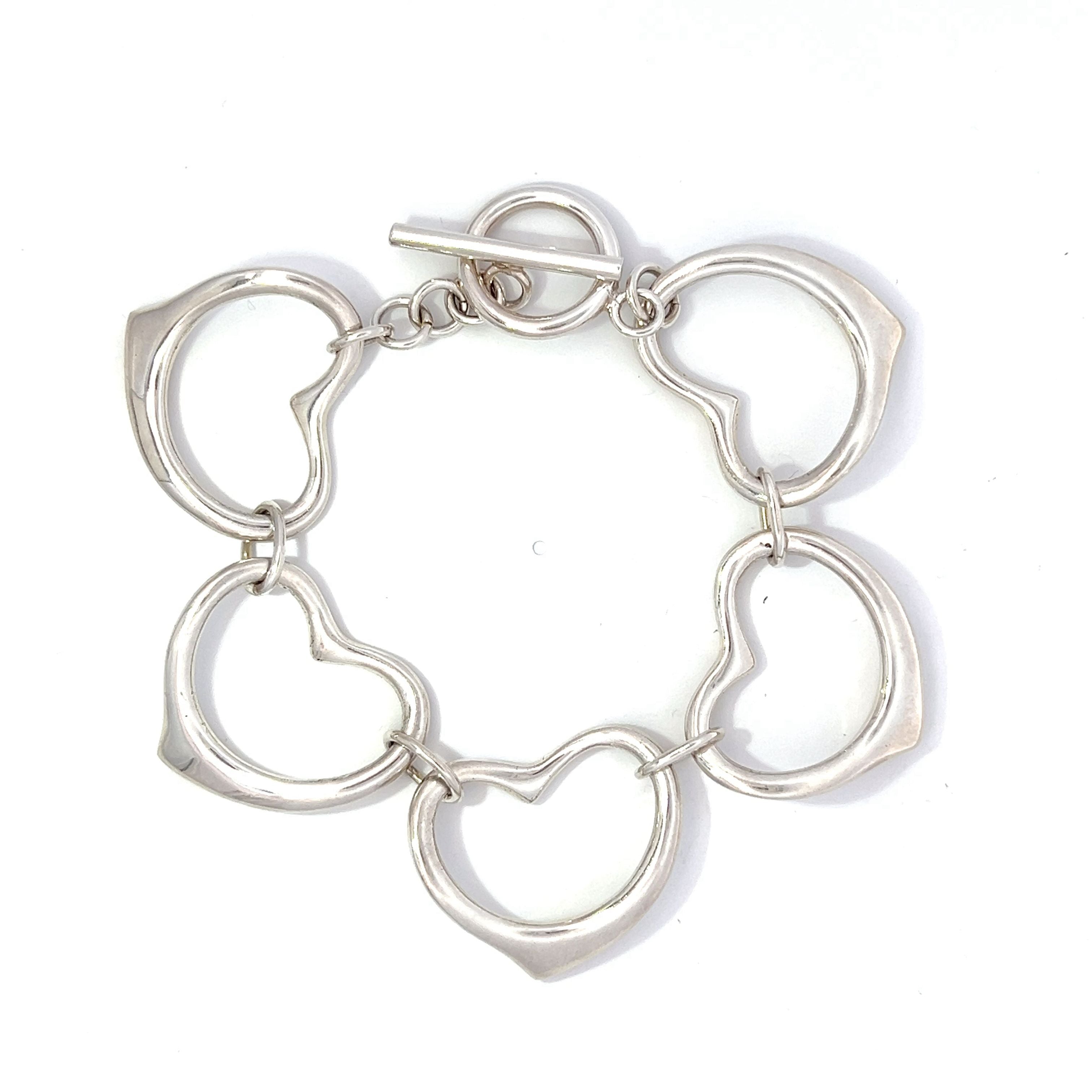 Mexican Silver Five Open Heart Link Bracelet