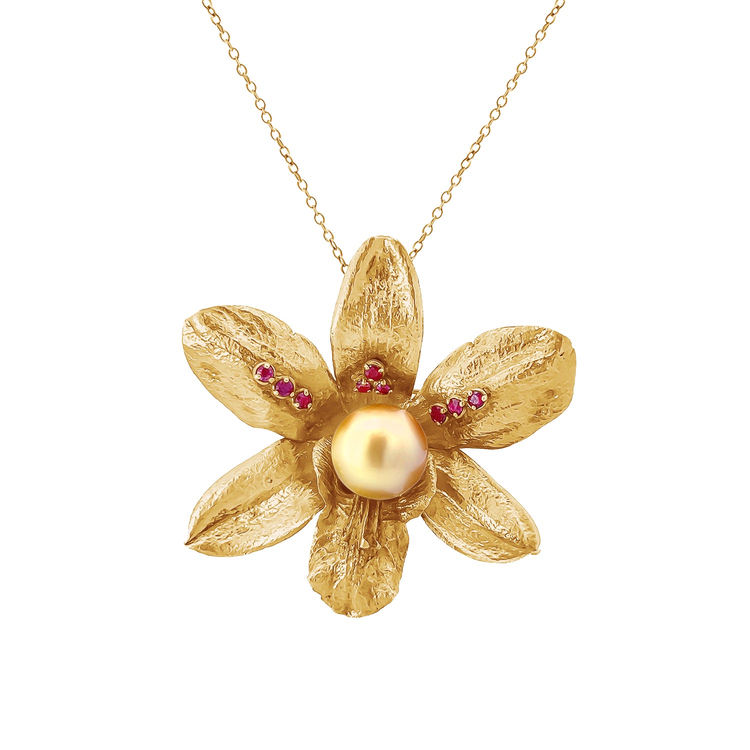 Golden Fresh Water Pearl Ruby Flower Pendant/Brooch