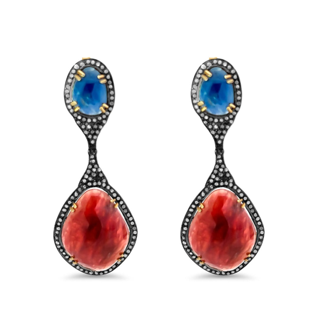 Blue Red Sapphire Diamond Post Earrings