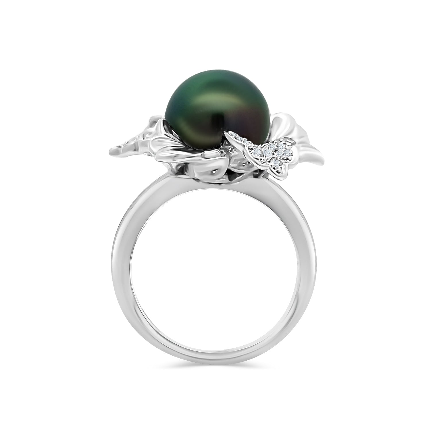 Black South Sea Pearl Round Diamond Flower Ring