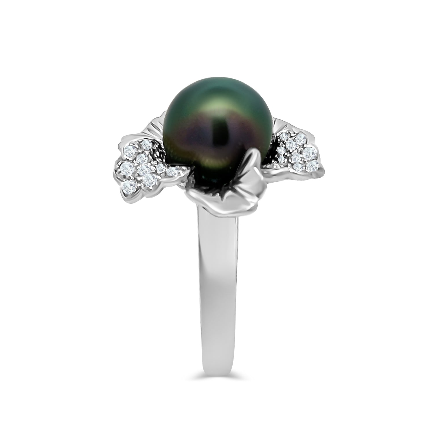 Black South Sea Pearl Round Diamond Flower Ring