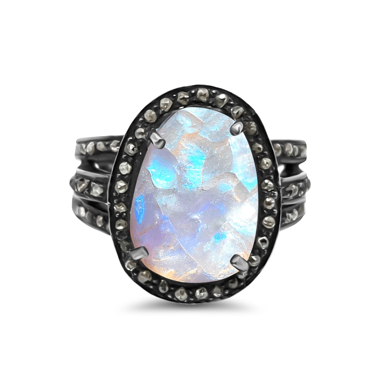 Moonstone Black Diamond Oval Ring