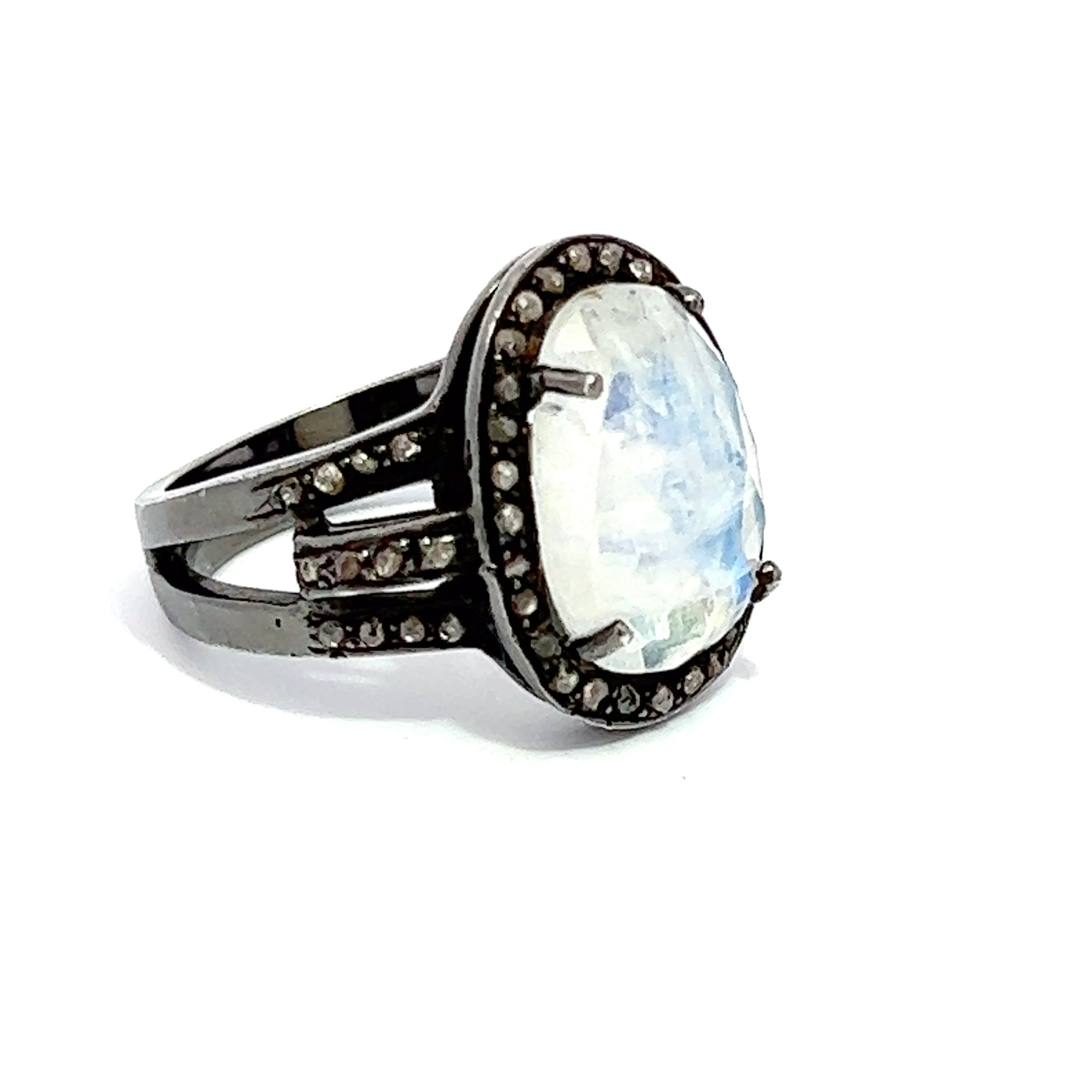 Moonstone Black Diamond Oval Ring
