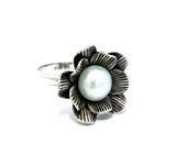 Oxidised Flower With Freshwater Pearl Ring