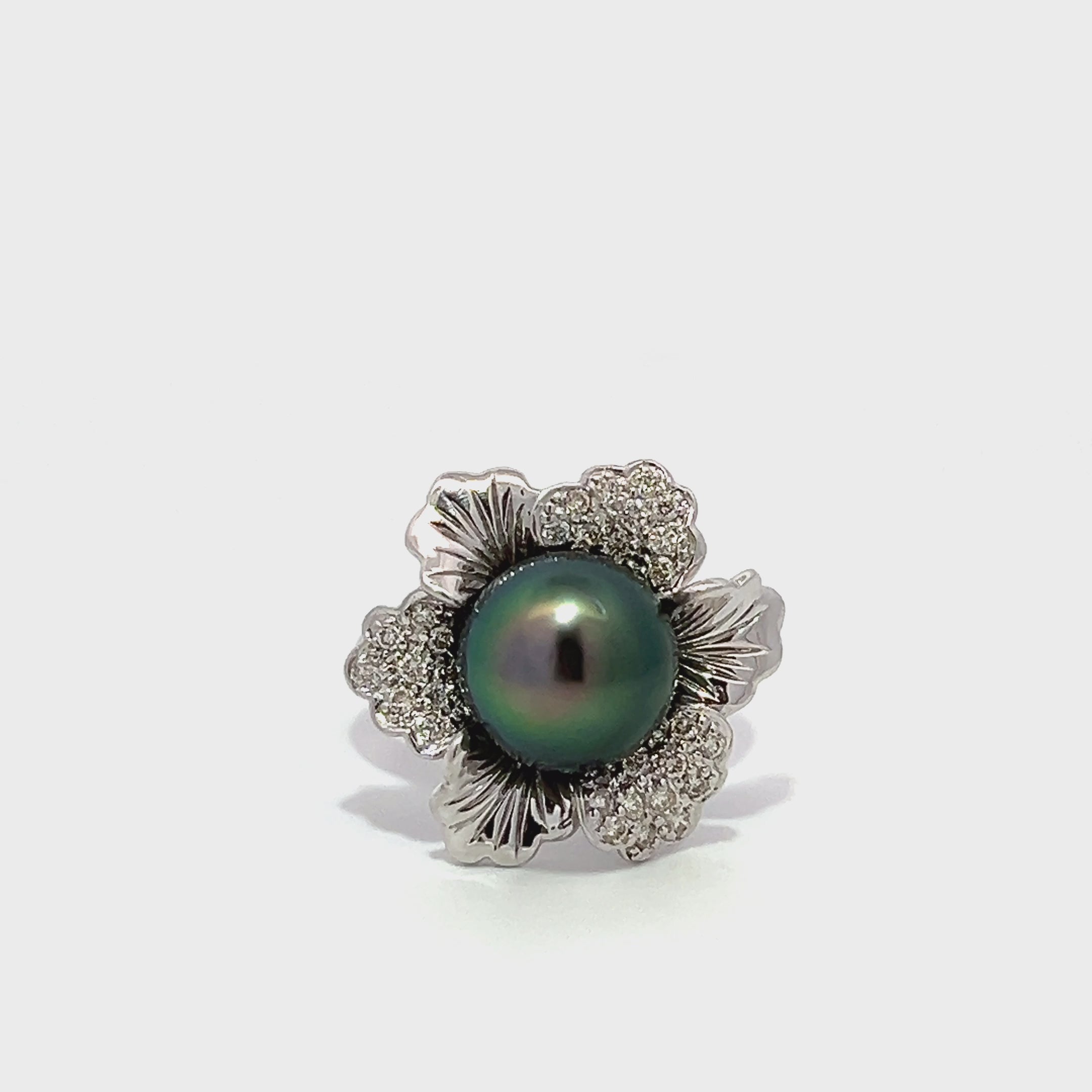 Black South Sea Pearl Round Diamond Flower Ring