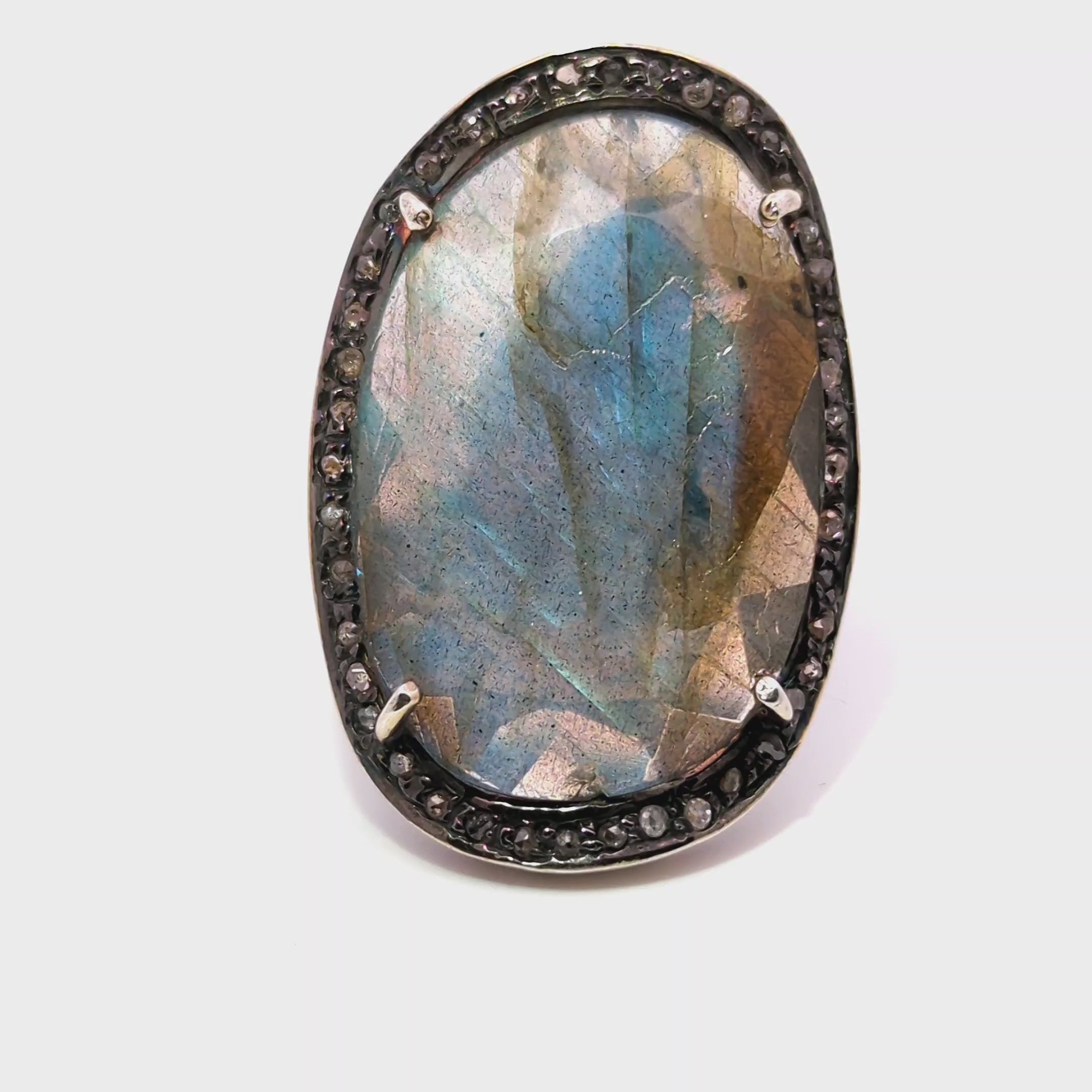 Labradorite Black Diamond Oval Ring