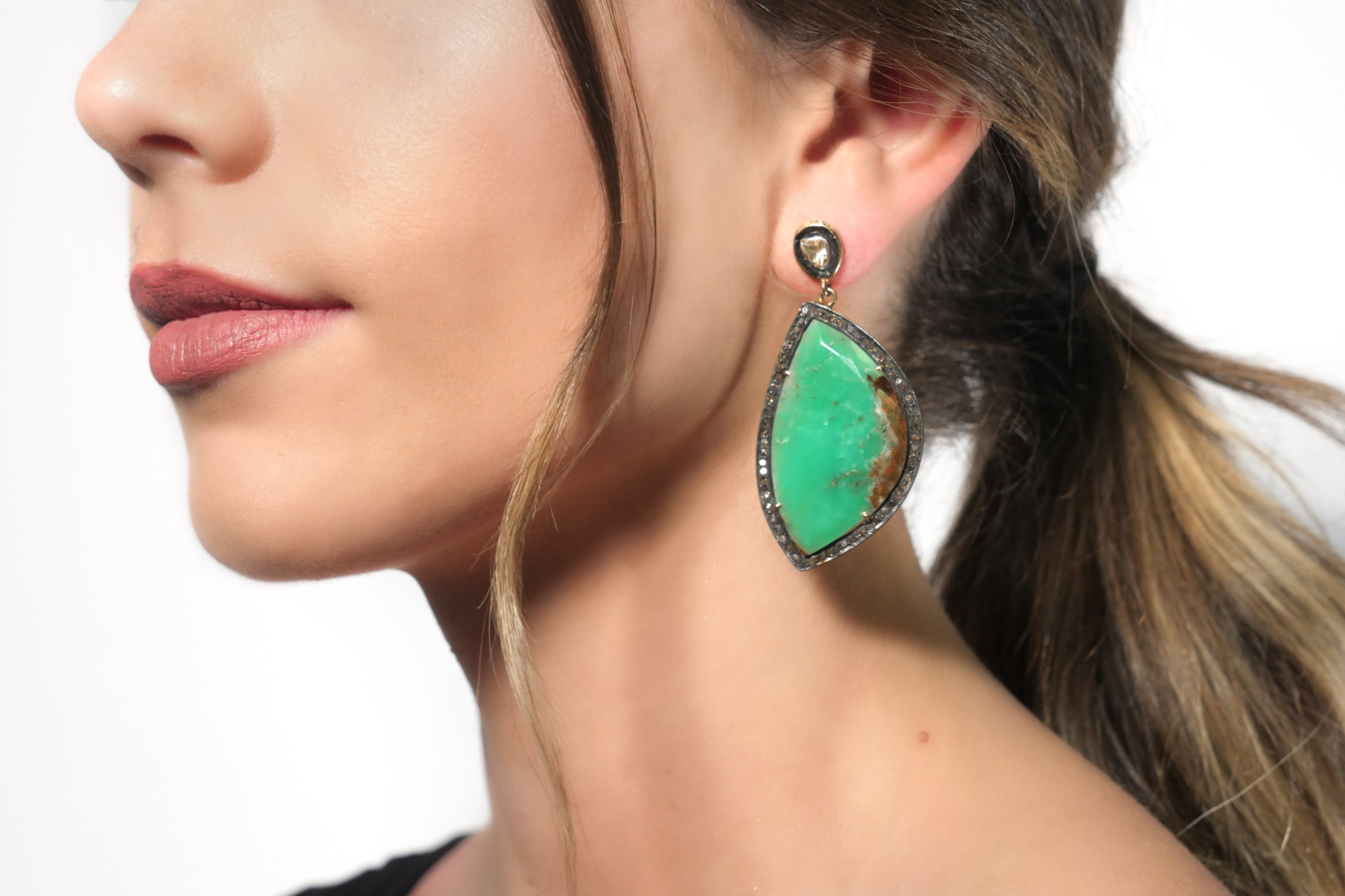 Chrysoprase Diamond Polki Post Earrings