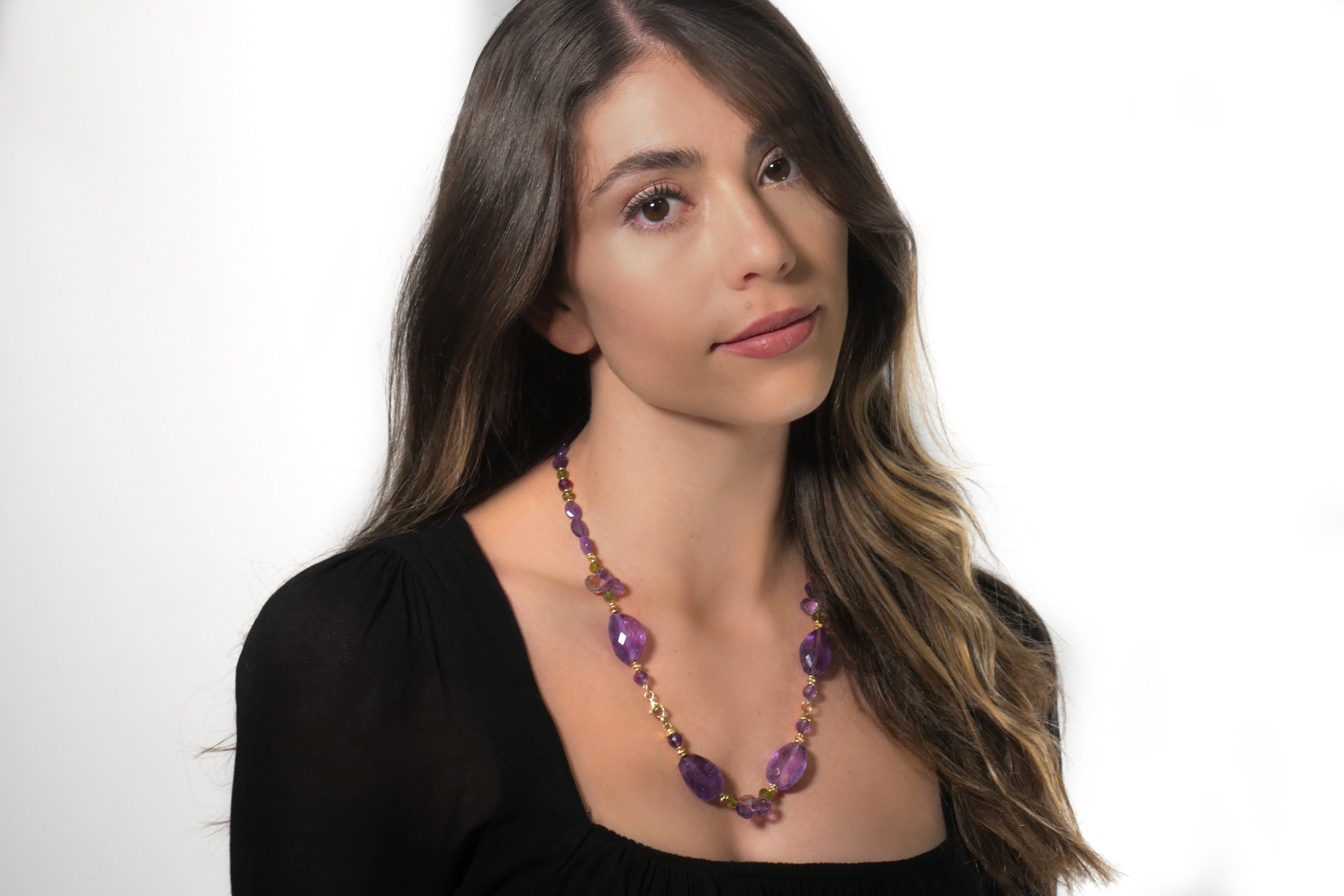Amethyst Irregular Peridot Gold Bead Necklace