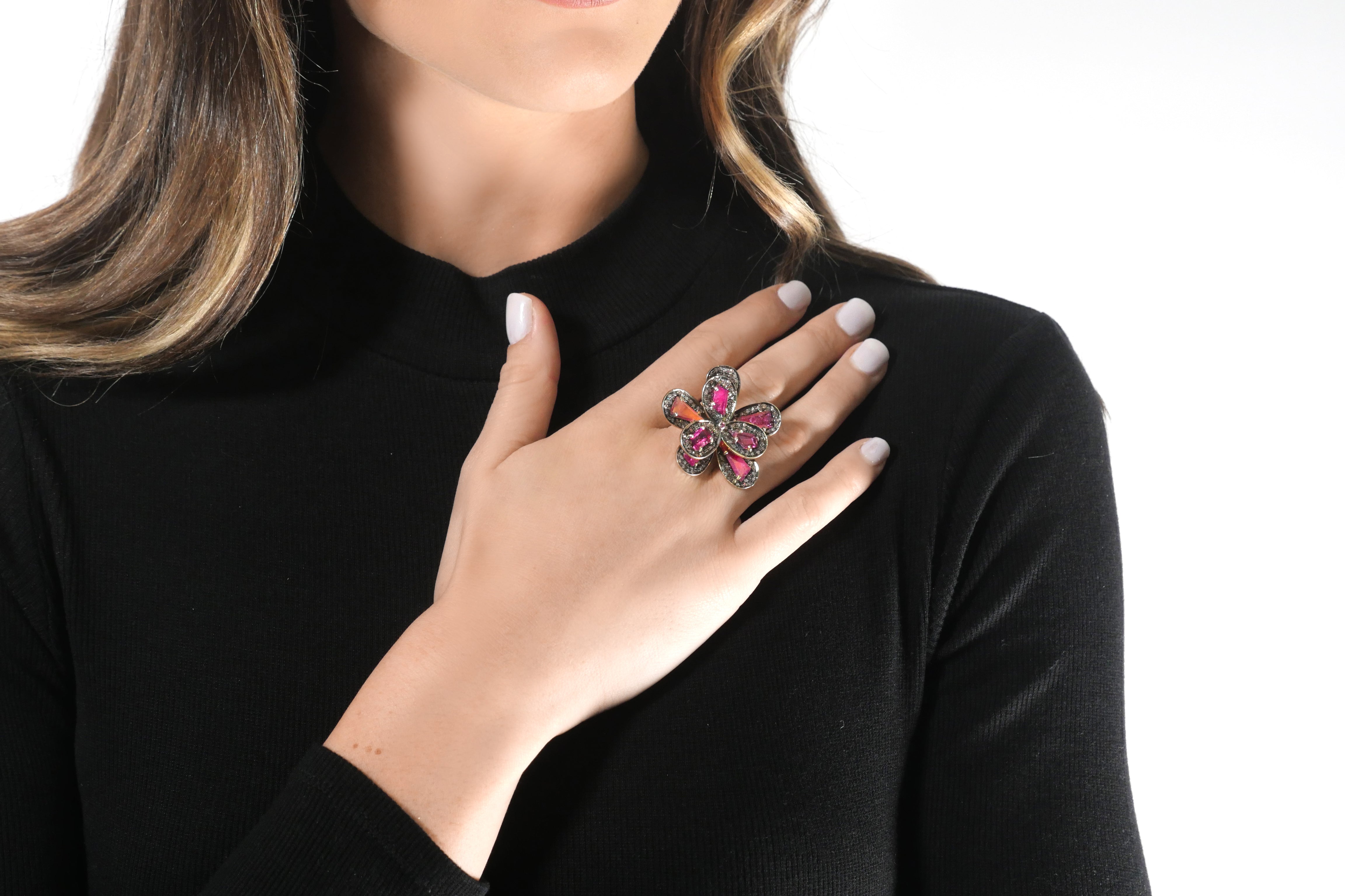 Tourmaline Black Diamond Flower Ring