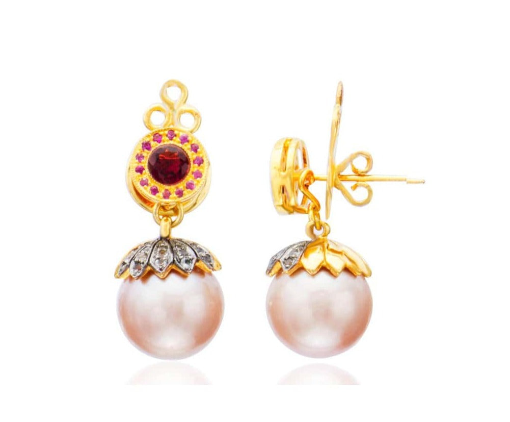 Pink Freshwater Pearl Garnet Ruby Diamond Post Earrings