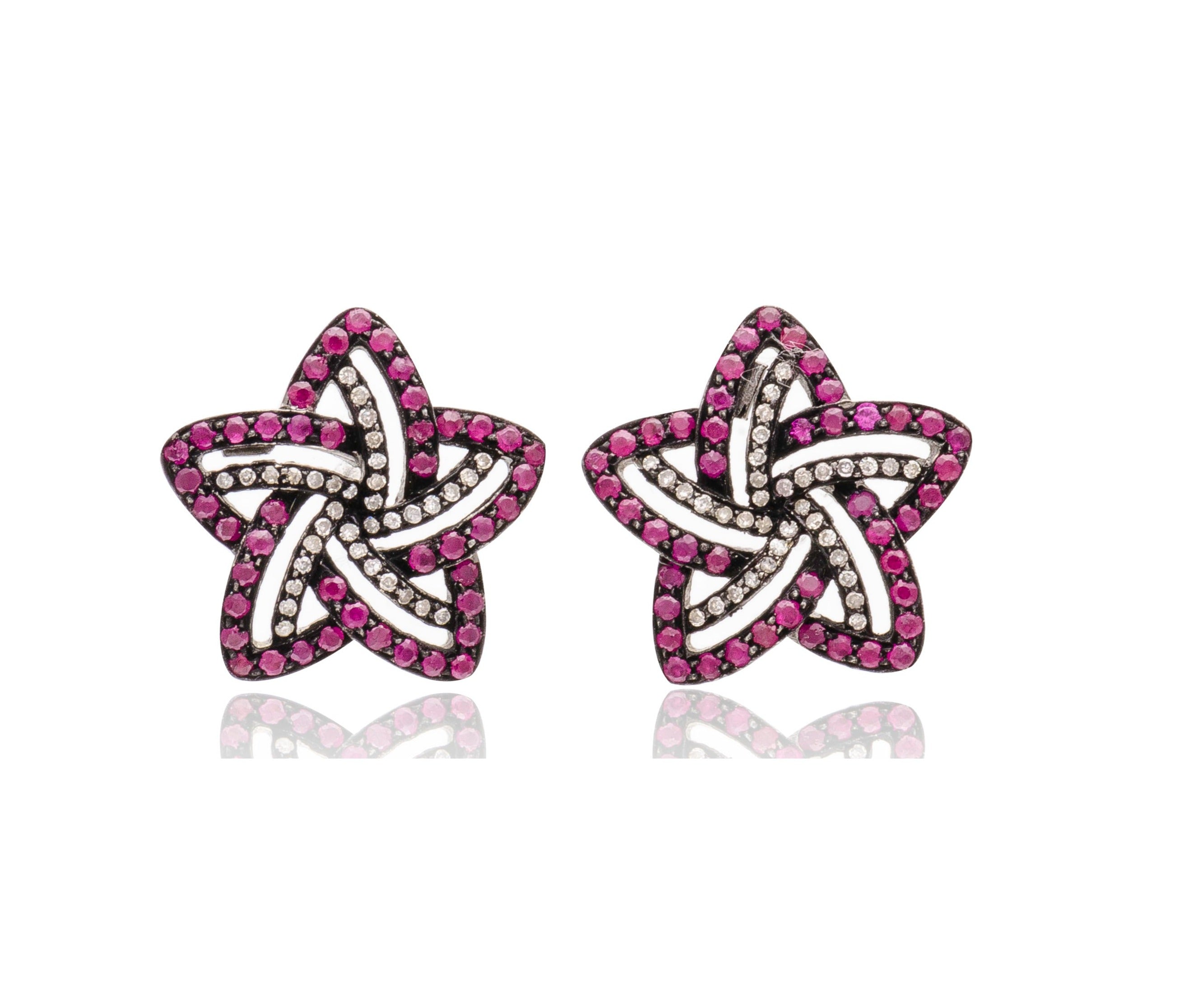 Flower Ruby Diamond Stud Earrings
