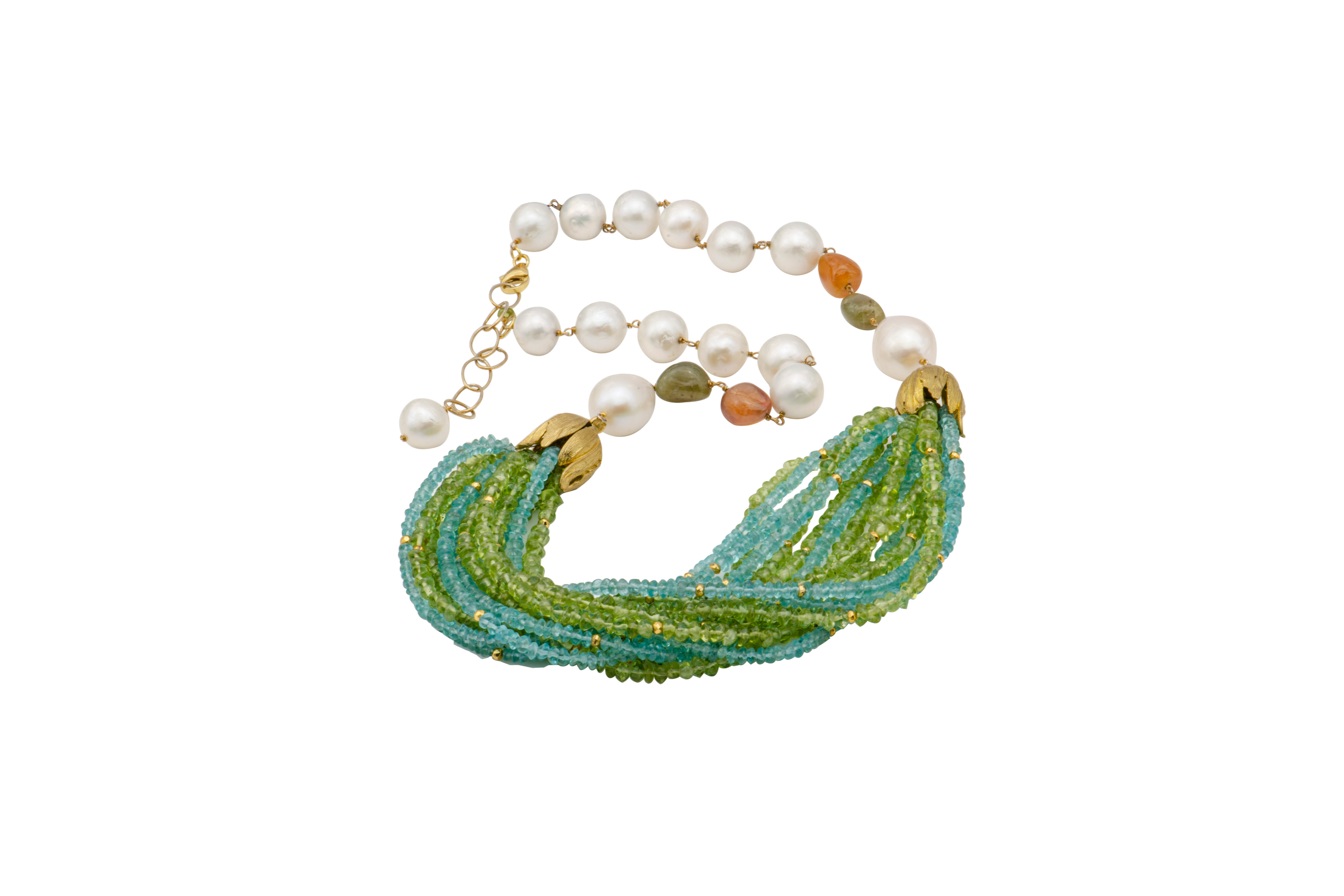 Freshwater Pearl Carnelian Peridot Apatite 15 String Necklace