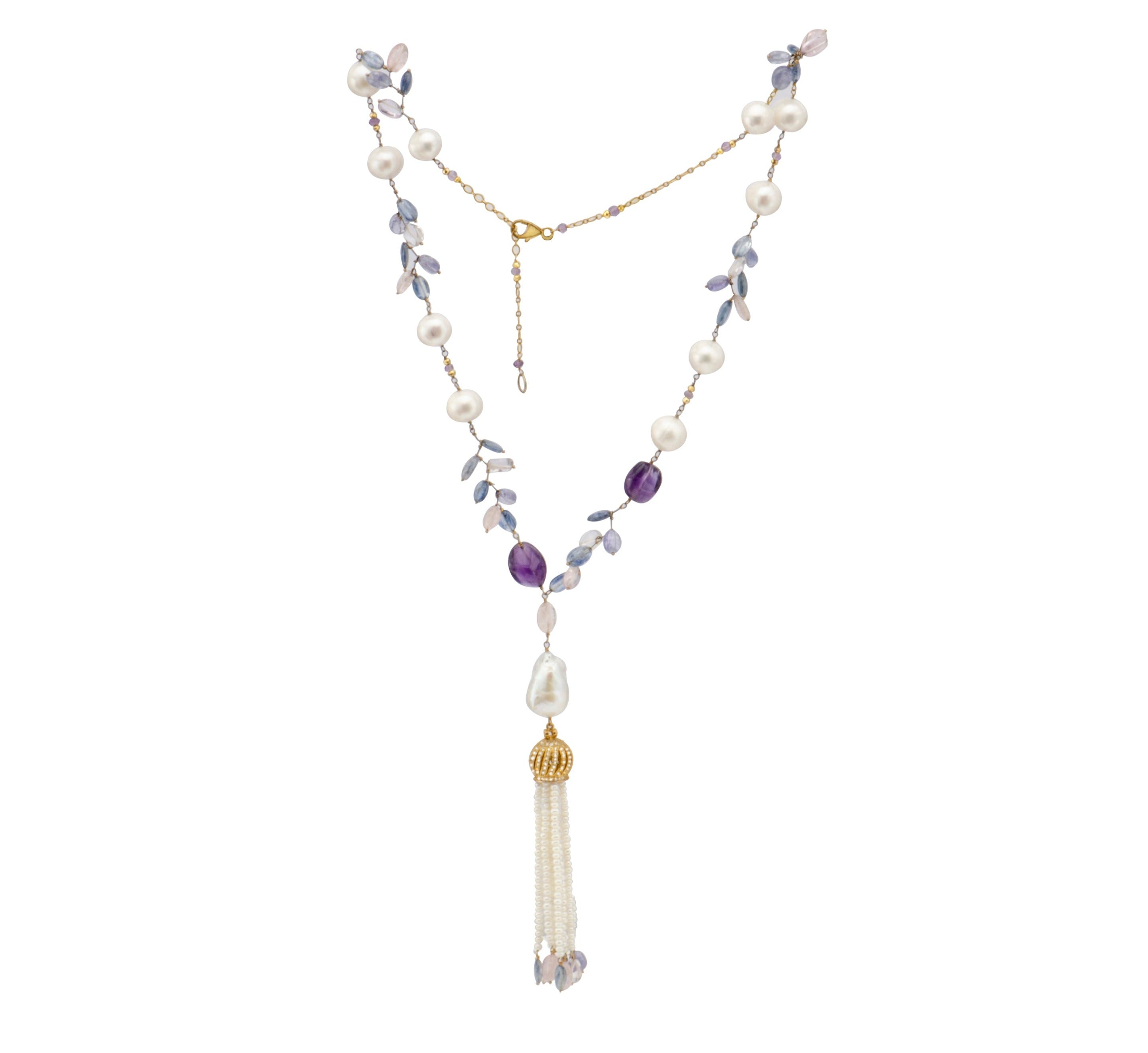 White Freshwater Pearl Kyanite Amber Necklace with Tassal