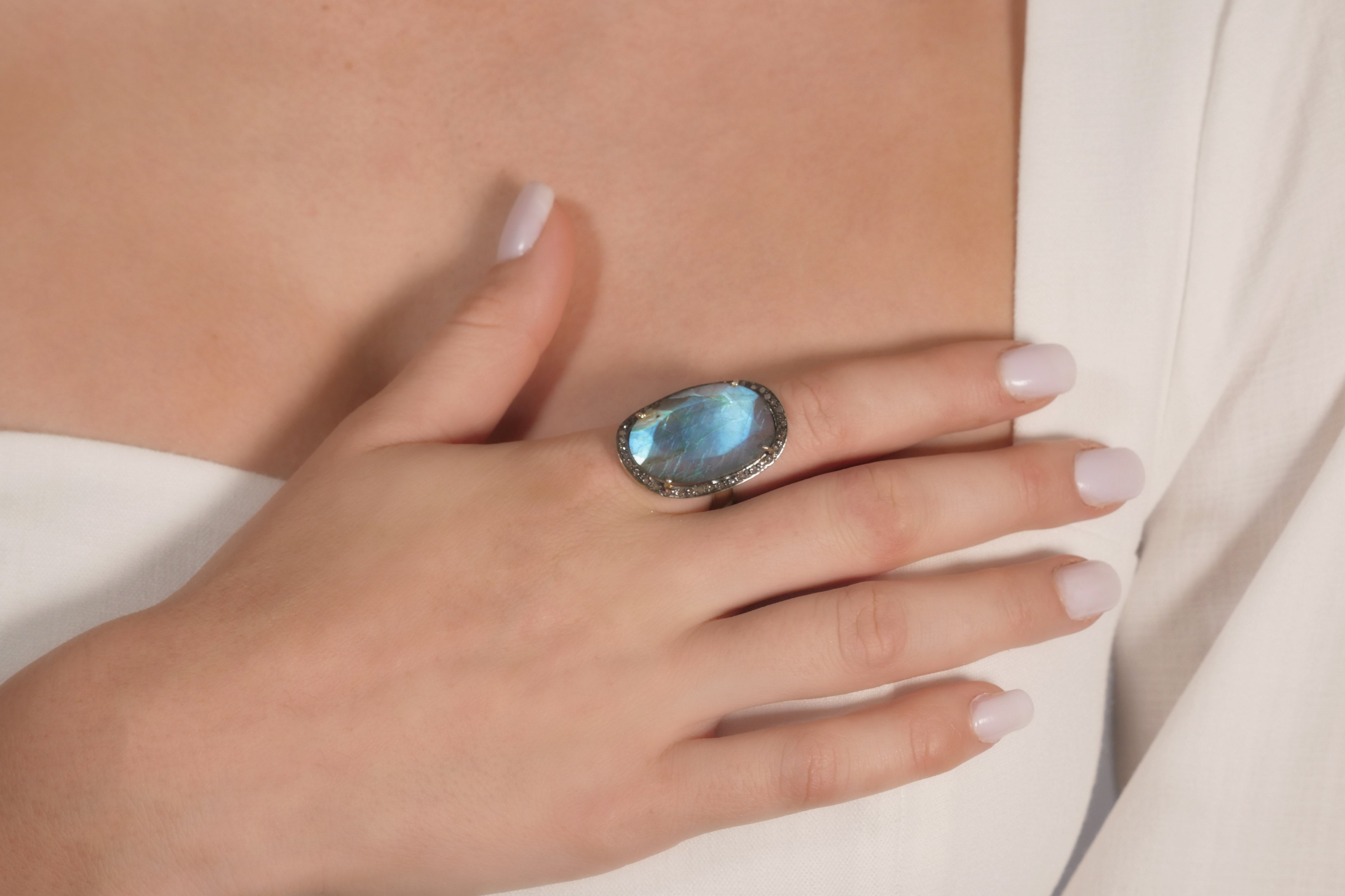 Labradorite Black Diamond Oval Ring