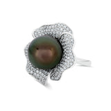 Black South Sea Pearl Diamond Flower Ring