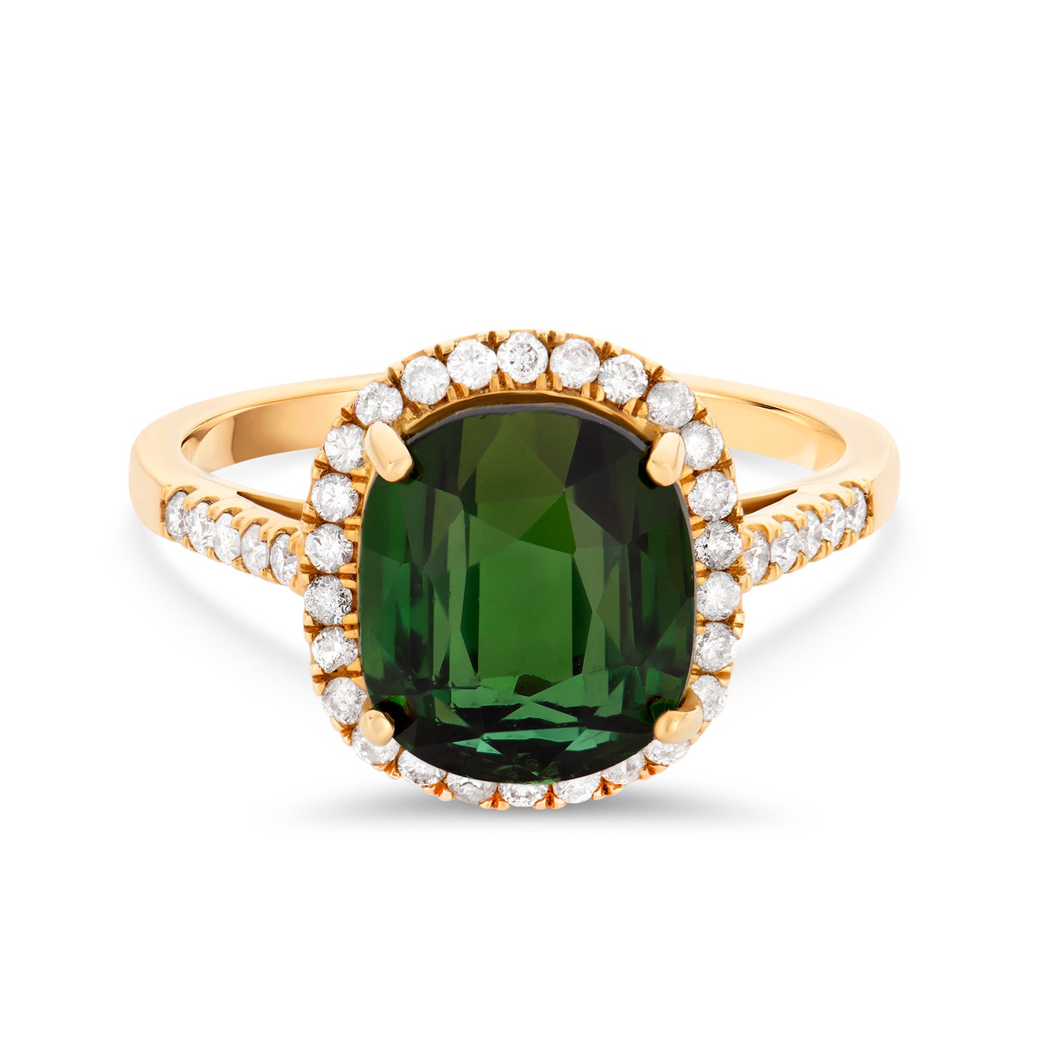 4.355ct 18K Yellow Gold Green Tourmaline & Diamond Oval Ring
