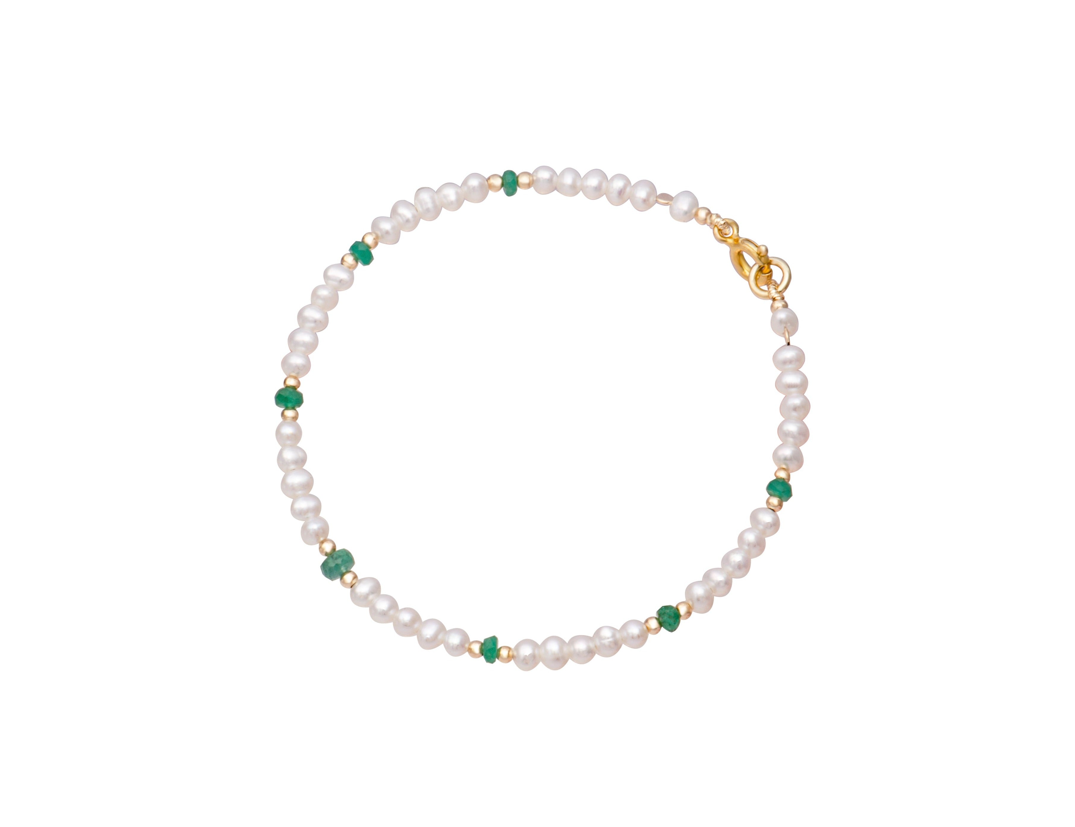 White Freshwater Pearl, Emerald & Gold Bead Bracelet