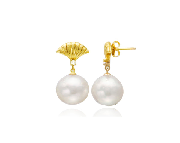 White South Sea Pearl Round Diamond Shell Post Earrings
