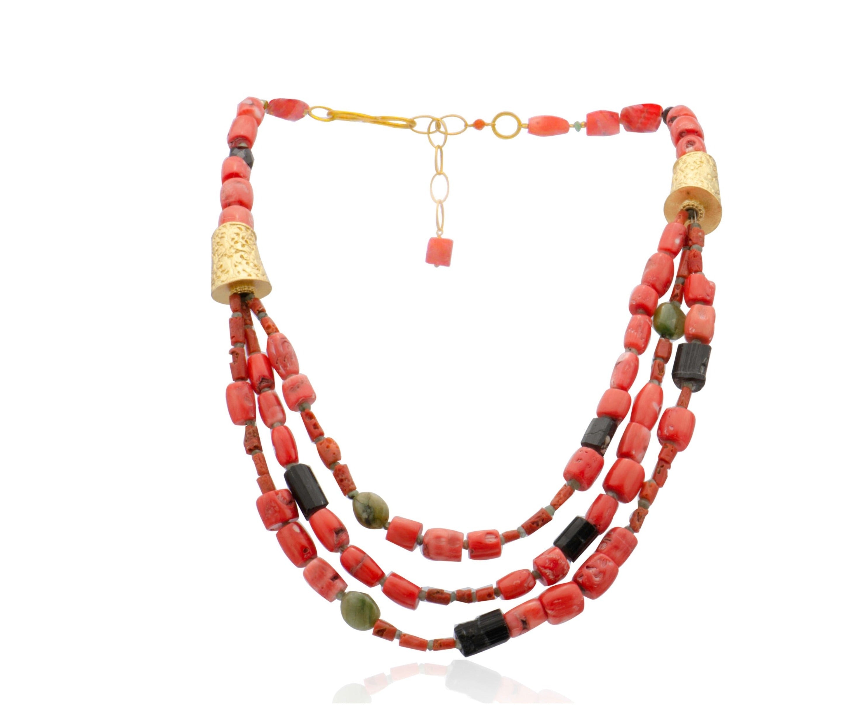 Coral Jade Tourmaline Triple Strand Necklace
