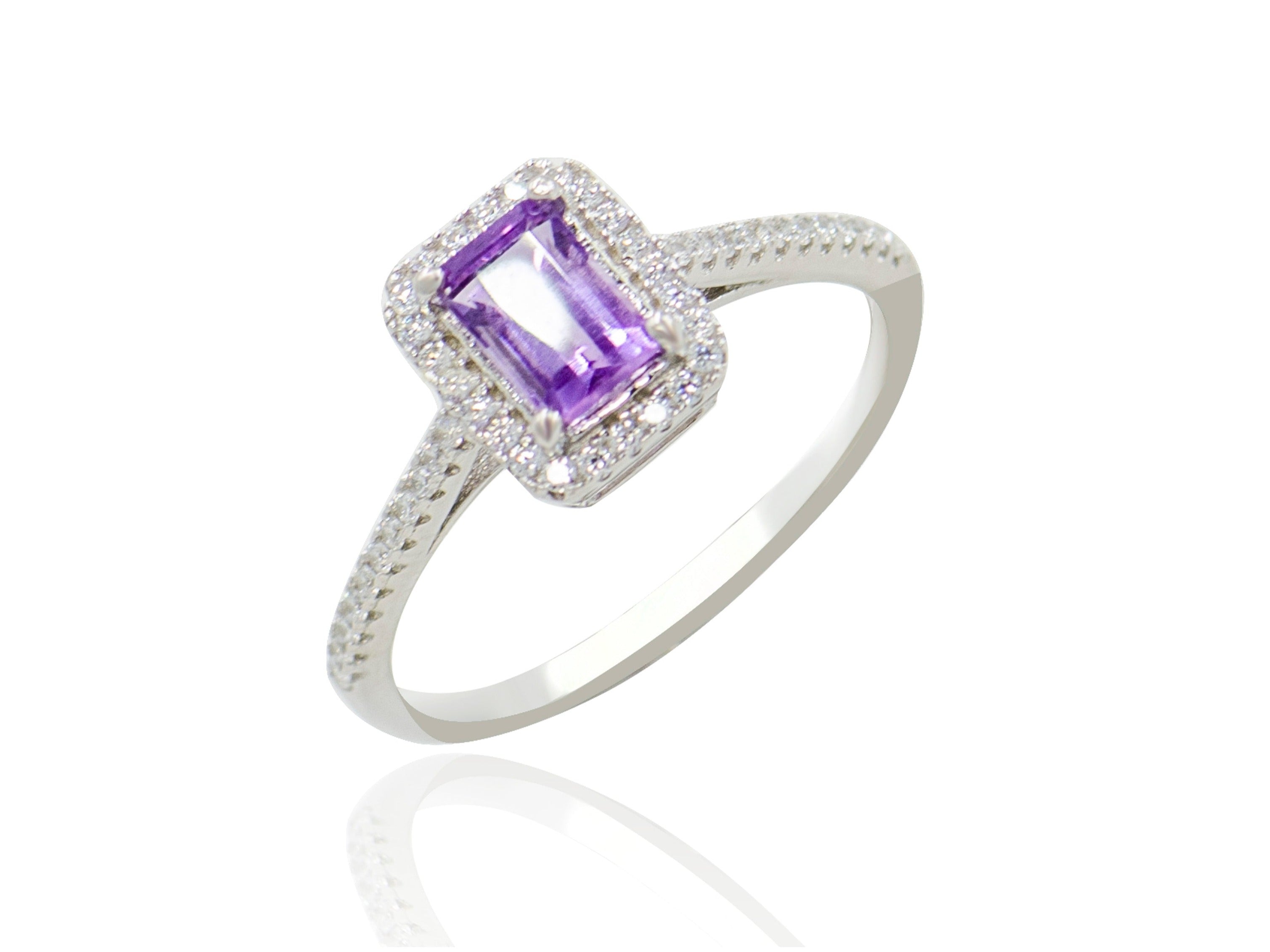 Sterling Silver Amethyst Emerald Cut Ring with Cubic Zirconia