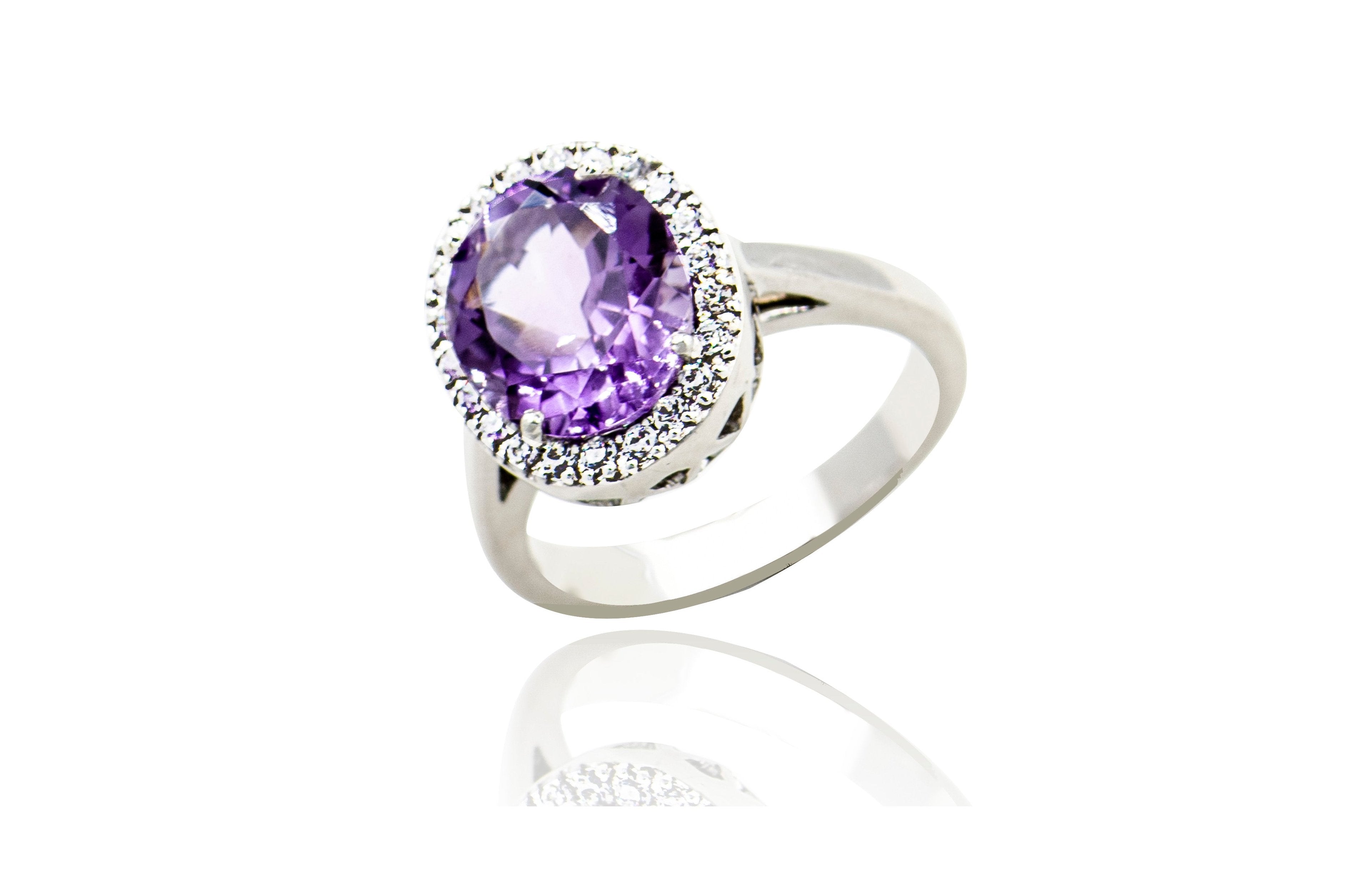 Sterling Silver Amethyst Oval Ring with Cubic Zirconia