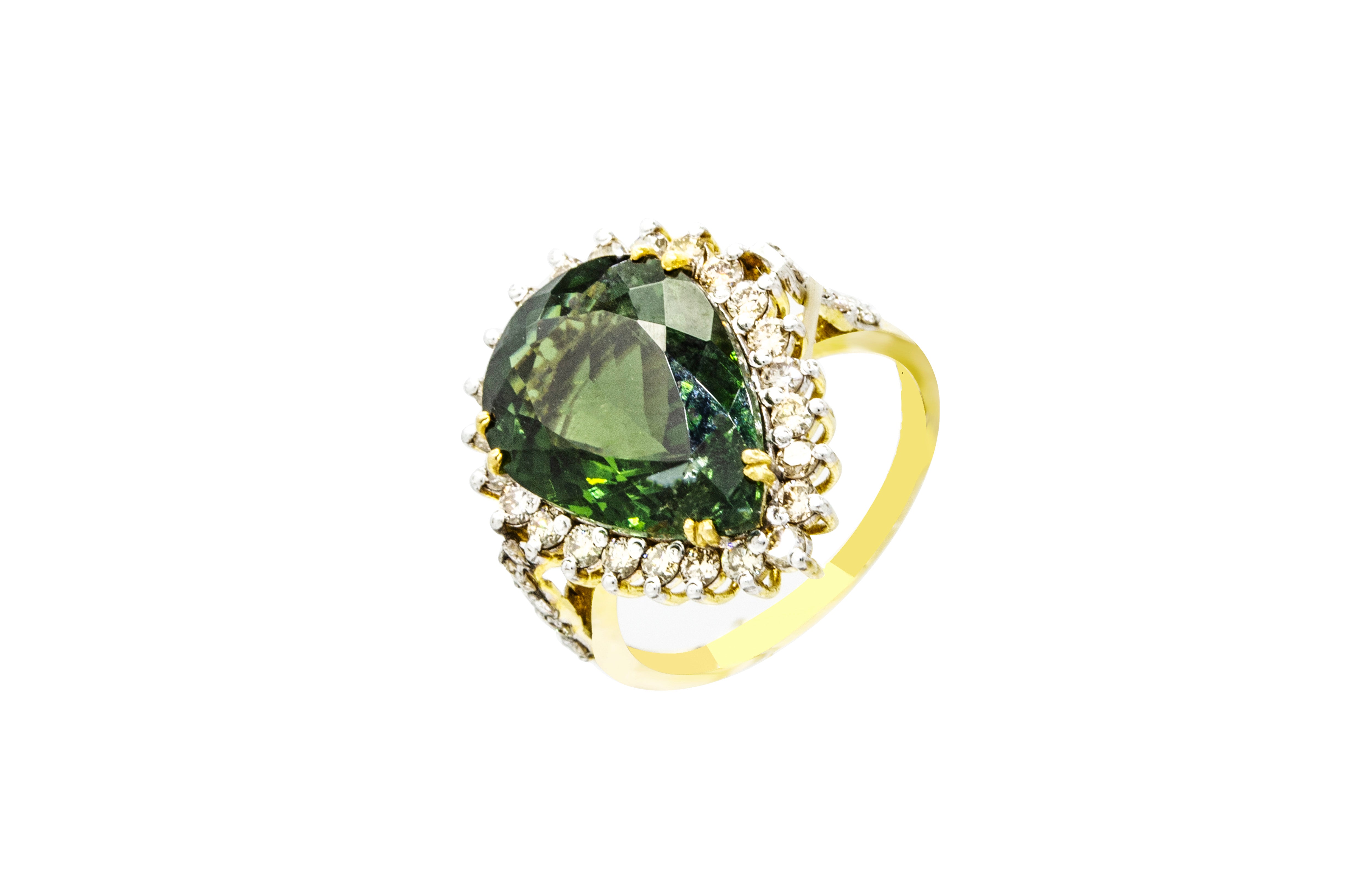 14K Yellow Gold Green Tourmaline with Diamond Ring