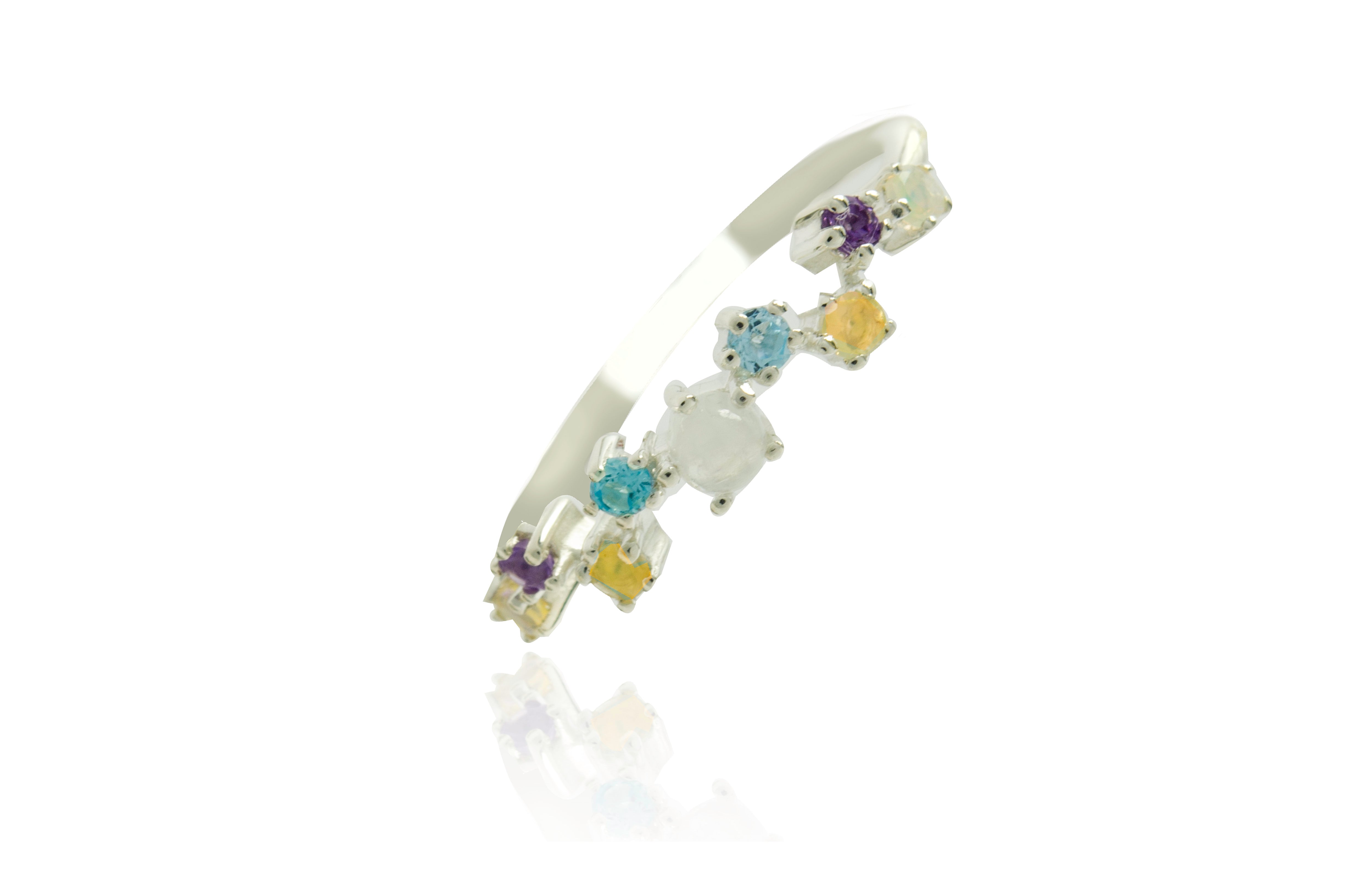 Sterling Silver Moonstone & Amethyst & Blue Topaz & African Opal Ring