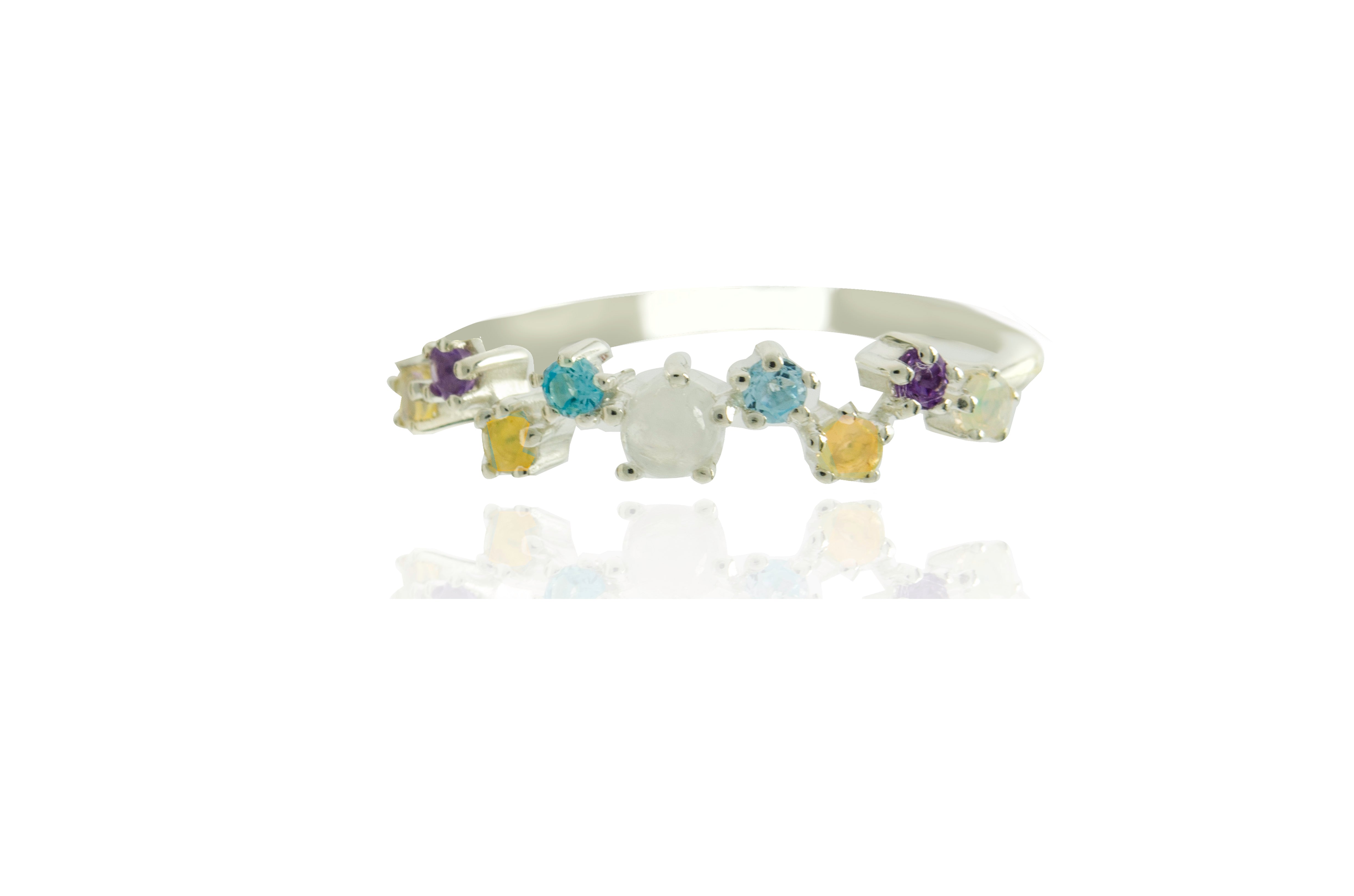 Sterling Silver Moonstone & Amethyst & Blue Topaz & African Opal Ring