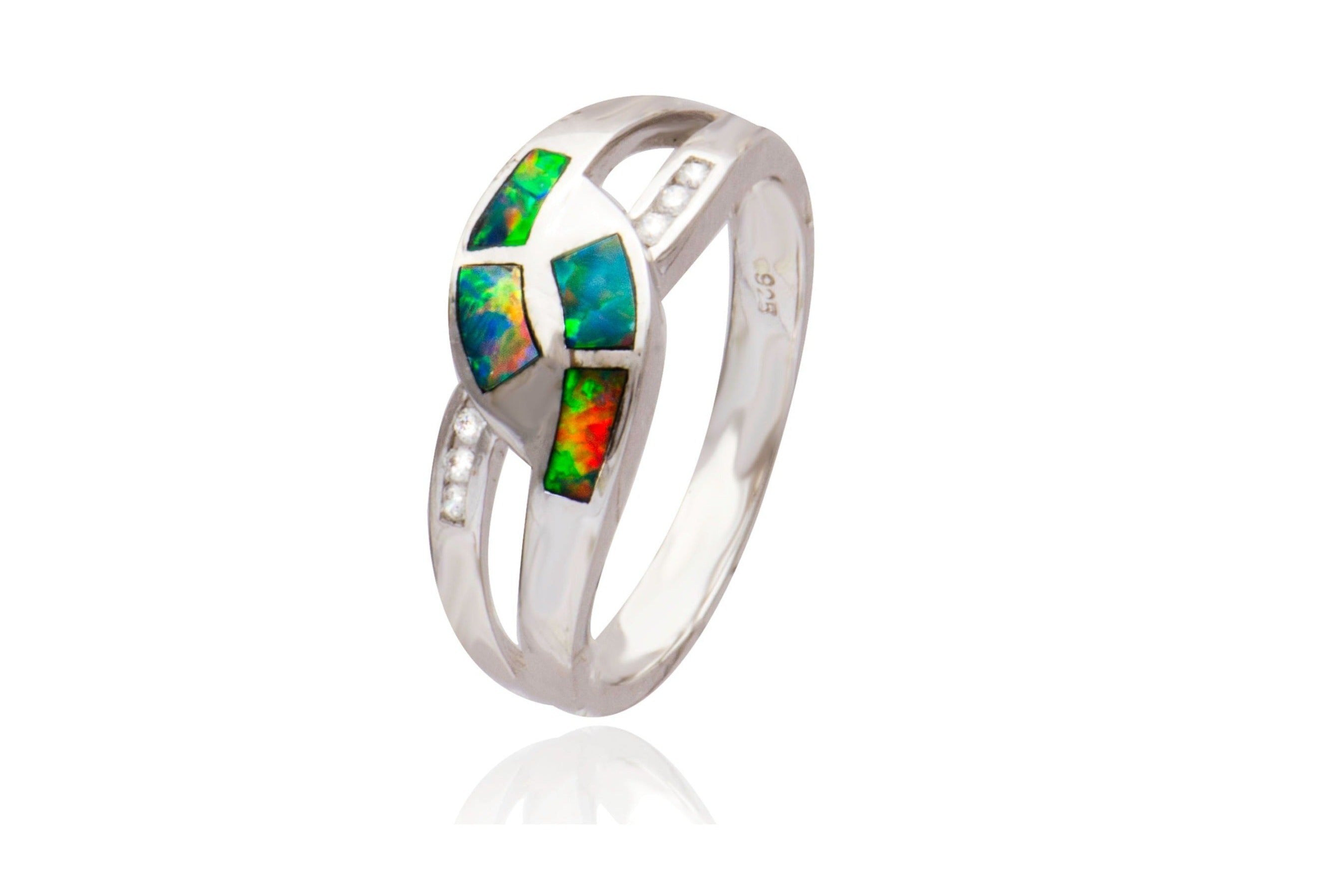 Sterling Silver Opal Inlay Cubic Zirconia Ring