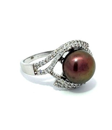 Black Freshwater Pearl and Cubic Zirconia Ring