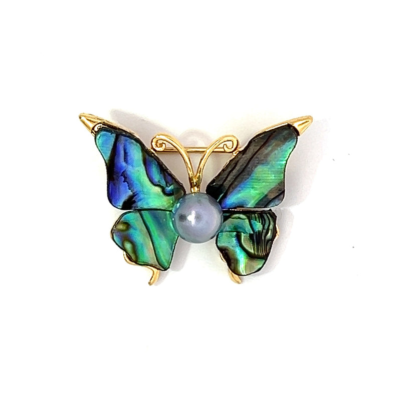 Black Freshwater Pearl & Abalone Shell Butterfly Brooch