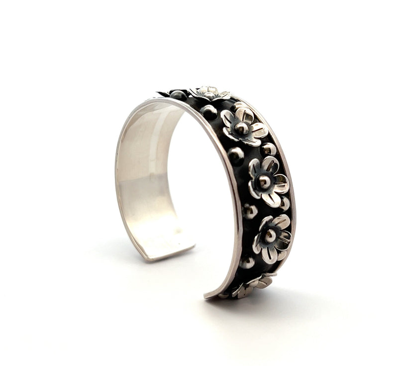 Mexican Silver Oxidised Flower Cuff