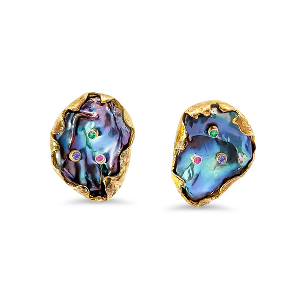 Black Keshi Pearl Emerald Ruby Sapphire Stud Earrings
