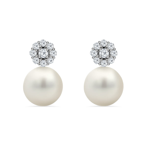 White South Sea Pearl & Diamond Flower Post Earrings