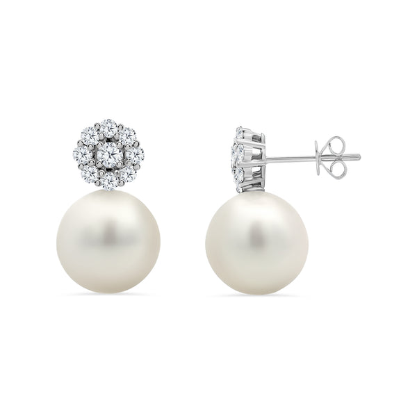 White South Sea Pearl & Diamond Flower Post Earrings