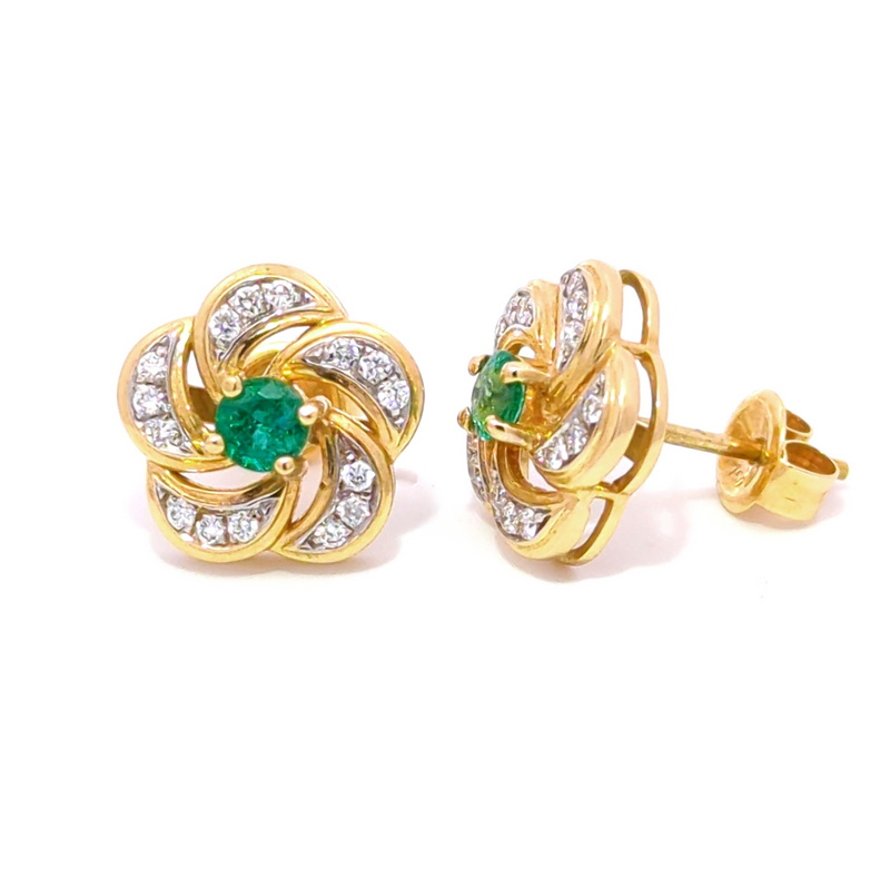 Emerald Diamond Flower Stud Earrings