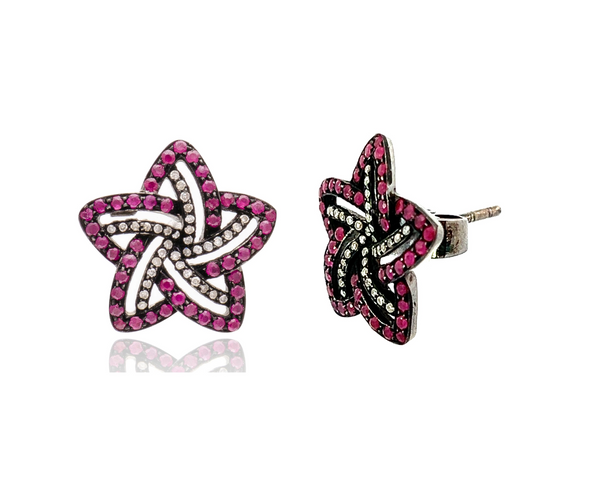 Flower Ruby Diamond Stud Earrings