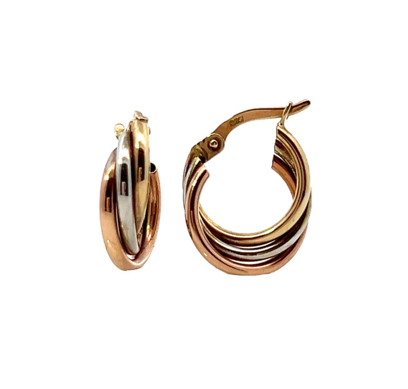 Three Tone Gold Fancy Hoop Earrings