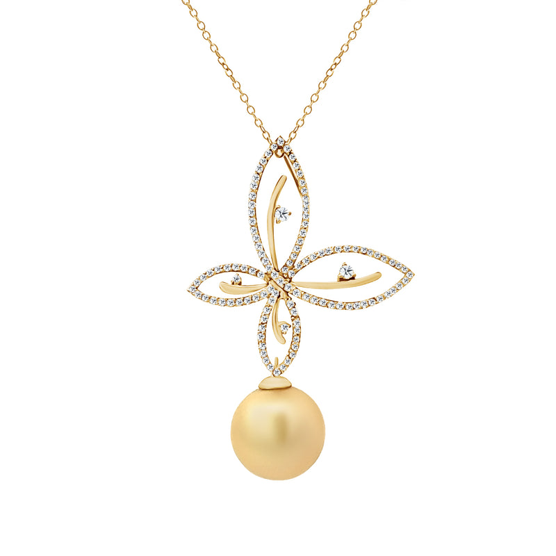 Golden South Sea Pearl & Butterfly Diamond Pendant