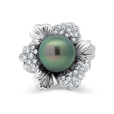Black South Sea Pearl Round Diamond Flower Ring