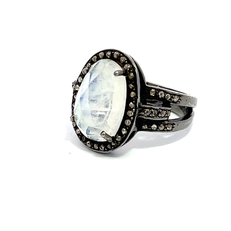 Moonstone Black Diamond Oval Ring