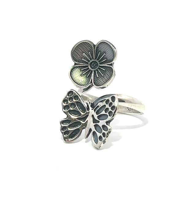 Oxidised Flower and Butterfly Ring