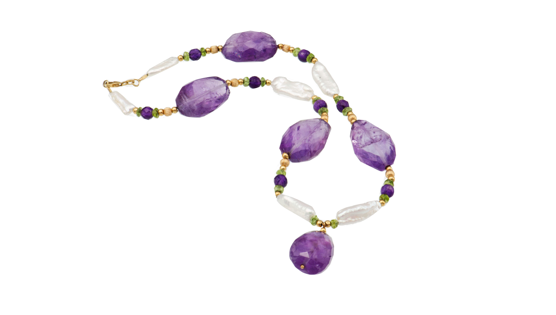 Amethyst Peridot Baroque White Freshwater Biwa Pearl Gold Bead Necklace