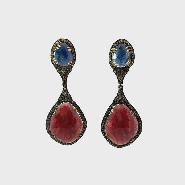 Blue Red Sapphire Diamond Post Earrings