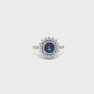 Certified Natural Ceylon Sapphire Double Halo Diamond Ring