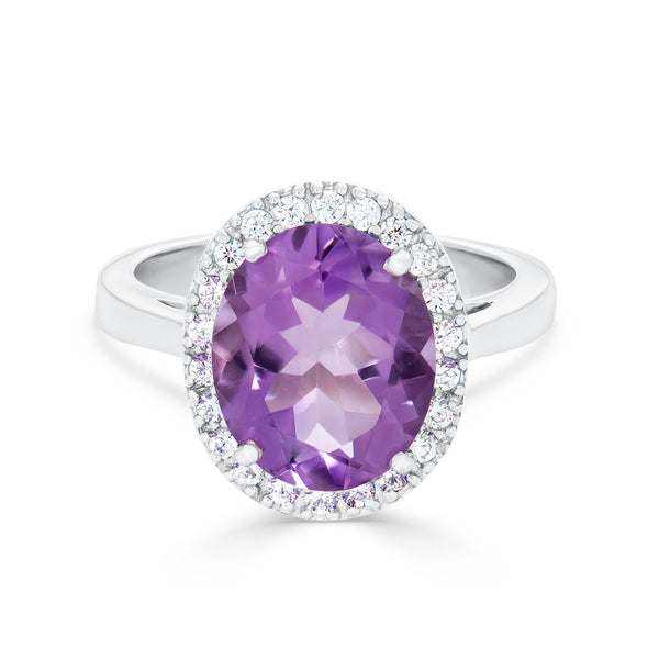 Sterling Silver Amethyst Oval Ring with Cubic Zirconia