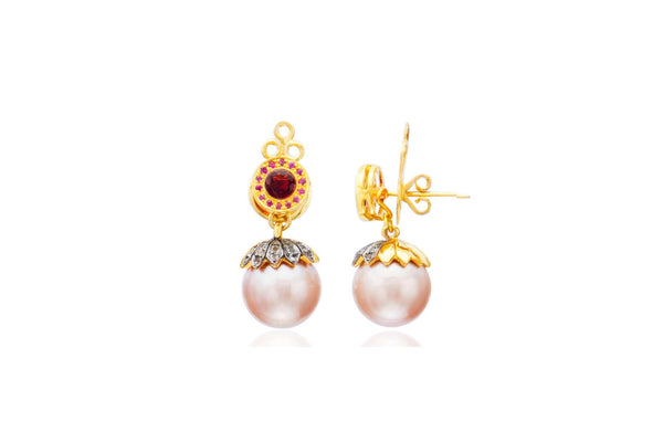 Pink Freshwater Pearl Garnet Ruby Diamond Post Earrings