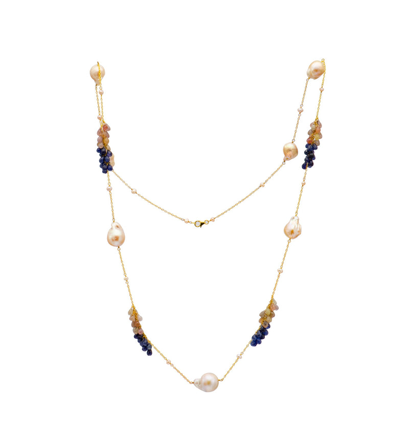  Peach Baroque Pearl and Sapphire Multi Colour Necklace