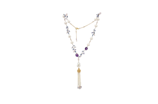  White Freshwater Pearl Kyanite Amber Necklace with Tassal